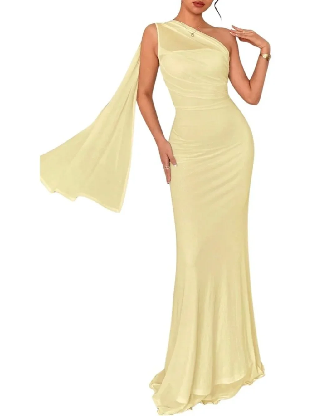 Women's Light Yellow Off The Shoulder Mid Waist Mermaid Cocktail Maxi Dress